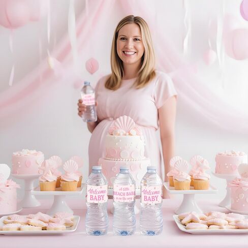 52 Pcs Beach Babe Baby Shower Decorations A Little Beach Babe is on The Way Water Bottle Labels Pink Ocean Coastal Seashell Theme Water Wrapper Labels for Girl Baby Shower Gender Reveal Party Supplies in Saudi Arabia