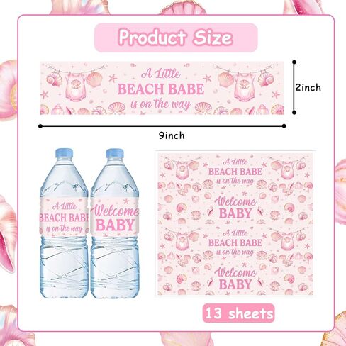 52 Pcs Beach Babe Baby Shower Decorations A Little Beach Babe is on The Way Water Bottle Labels Pink Ocean Coastal Seashell Theme Water Wrapper Labels for Girl Baby Shower Gender Reveal Party Supplies in Saudi Arabia