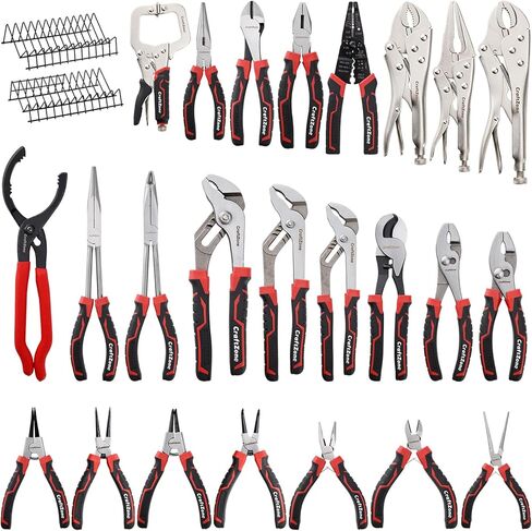 24 Piece Professional Pliers Tool Set with Storage Rack, Snap Ring, Needle Nose, Long Reach, Lineman's, Groove Joint and Diagonal Cutting Pliers, Cable Cutter, Wire Stripper and Filter Wrench in Saudi Arabia