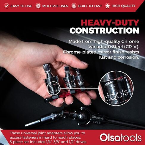 Olsa Tools Universal Joint Set - 3 Pc 1/2",3/8" & 1/4" Drive - Swivel U-Joint Socket Kit with Aluminum Rail - Ball and Angle Socket Adapters - Part 1243 in Saudi Arabia