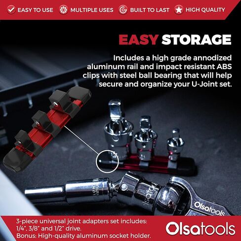 Olsa Tools Universal Joint Set - 3 Pc 1/2",3/8" & 1/4" Drive - Swivel U-Joint Socket Kit with Aluminum Rail - Ball and Angle Socket Adapters - Part 1243 in Saudi Arabia