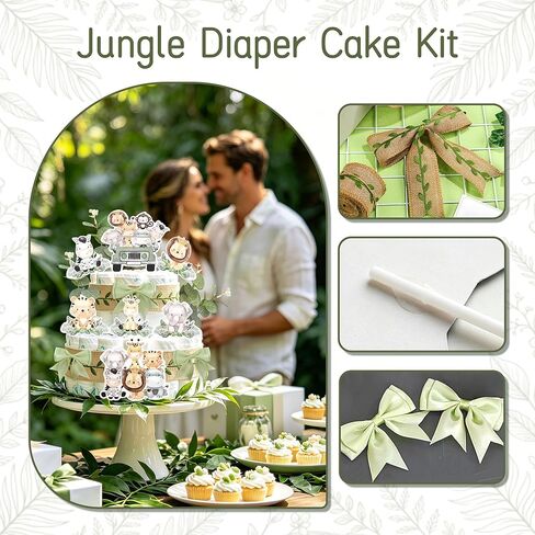 Jungle Diaper Cake Kit Safari Baby Shower Diaper Cake Decorations with Zoo Animals Cutouts Green Leaf Print Ribbon Gender Reveal Party Supplies in Saudi Arabia