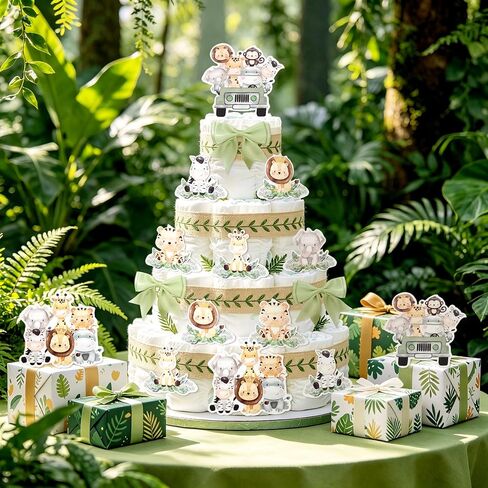 Jungle Diaper Cake Kit Safari Baby Shower Diaper Cake Decorations with Zoo Animals Cutouts Green Leaf Print Ribbon Gender Reveal Party Supplies in Saudi Arabia