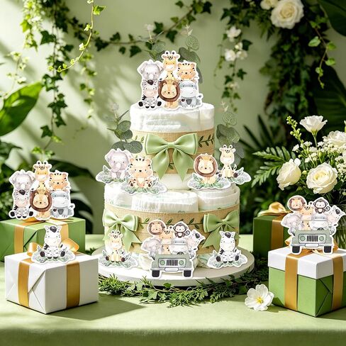 Jungle Diaper Cake Kit Safari Baby Shower Diaper Cake Decorations with Zoo Animals Cutouts Green Leaf Print Ribbon Gender Reveal Party Supplies in Saudi Arabia