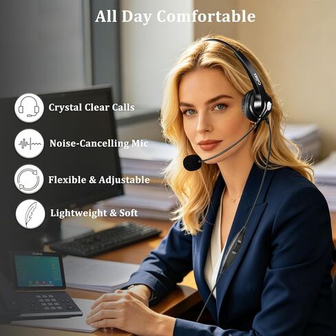 Callez RJ9 Yealink Phone Headset with Noise Cancelling Mic & Volume Controls, Mono Telephone Headset for Office Phones Compatible with Yealink T46S T42S T41S T40G T29G T27G T23G T54W Landline Phones in Kuwait