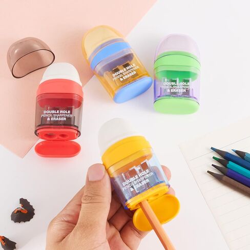 Pencil Sharpener with Eraser, 4 Pack,2 Sharpening Holes, Colorful Manual Handheld Pencil Sharpener for Office and School in Saudi Arabia