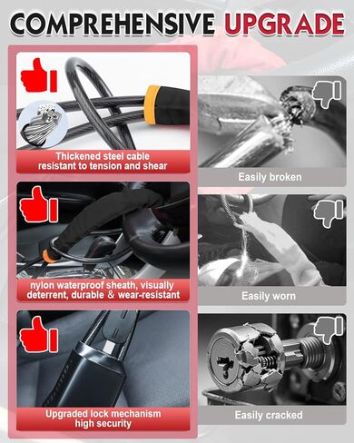 Steering Wheel Lock Anti-Theft Device, Adjustable Car Security Lock with Seat Belt Design, 10 mm Braided Steel Cable, Universal Fit for Cars, SUVs, Trucks, Vans in Saudi Arabia