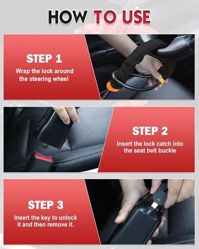Steering Wheel Lock Anti-Theft Device, Adjustable Car Security Lock with Seat Belt Design, 10 mm Braided Steel Cable, Universal Fit for Cars, SUVs, Trucks, Vans in Saudi Arabia