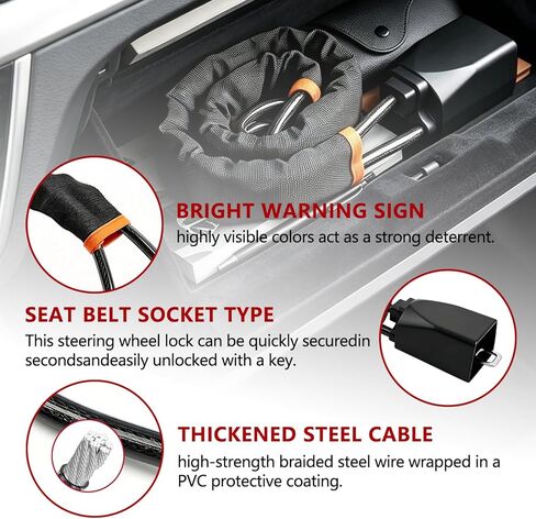 Car Steering Wheel Lock, 2 Pack Anti Theft Device with Seat Belt Lock, Max 17" Locking Length, Thickened Steel Wire, Quick Install, 3 Keys Included, Easy to Store, Fits Most Cars, SUVs & Truck in Saudi Arabia