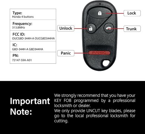 Replacement for 2002 2003 2004 Honda CR-V Key Fob Remote Control OUCG8D-344H-A OUCG8D344HA 4 Buttons 313.8MHz in Kuwait