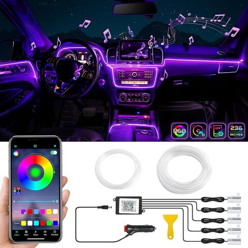 Car LED Interior Strip Light- Wireless Bluetooth APP Control, Multicolor RGB 5 in 1 with 236 inches Fiber Optic Ambient Lighting Kits, 16 Million Colors Sound Active Neon Led Lights Strip for Car in Kuwait