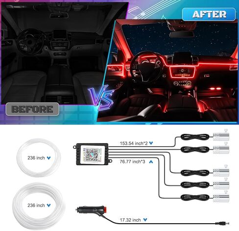 Car LED Interior Strip Light- Wireless Bluetooth APP Control, Multicolor RGB 5 in 1 with 236 inches Fiber Optic Ambient Lighting Kits, 16 Million Colors Sound Active Neon Led Lights Strip for Car in Kuwait