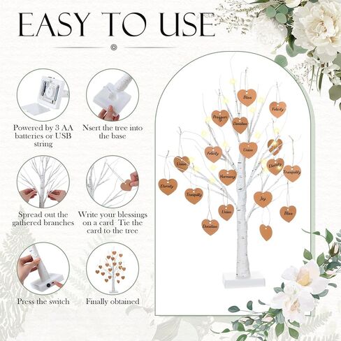 Novabright 103 Pcs Wedding Guest Book Alternative LED Wish Tree Wedding Decor 24 Inch Pre-lit White Birch Tree 100 Heart Cards Welcome Board & Pen Reception Decor Engagement Anniversary Party Supplies in Saudi Arabia