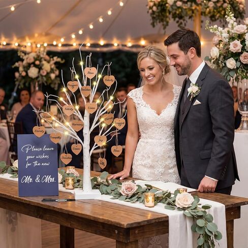 Novabright 103 Pcs Wedding Guest Book Alternative LED Wish Tree Wedding Decor 24 Inch Pre-lit White Birch Tree 100 Heart Cards Welcome Board & Pen Reception Decor Engagement Anniversary Party Supplies in Saudi Arabia