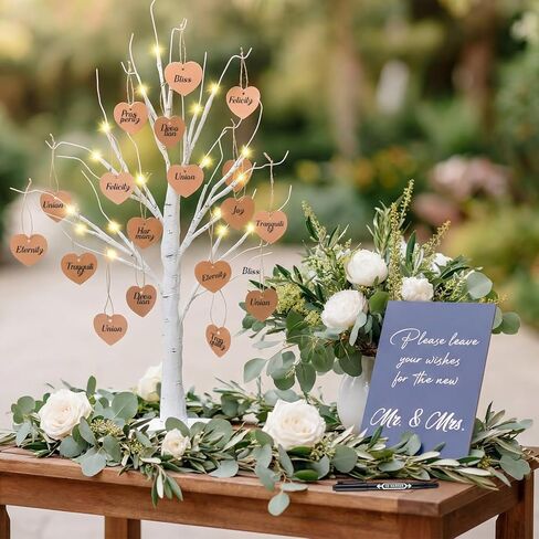 Novabright 103 Pcs Wedding Guest Book Alternative LED Wish Tree Wedding Decor 24 Inch Pre-lit White Birch Tree 100 Heart Cards Welcome Board & Pen Reception Decor Engagement Anniversary Party Supplies in Saudi Arabia