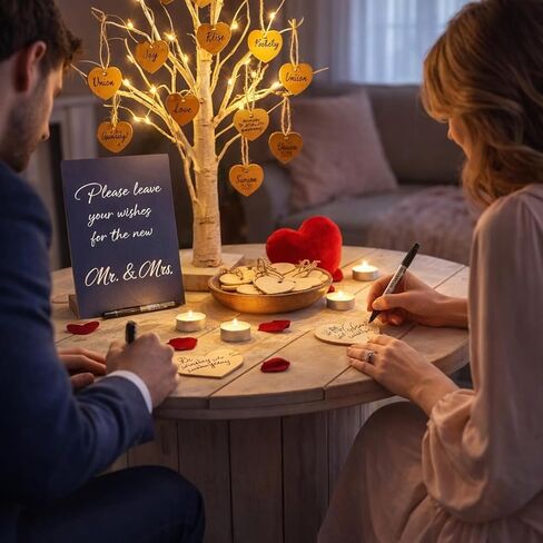 Novabright 103 Pcs Wedding Guest Book Alternative LED Wish Tree Wedding Decor 24 Inch Pre-lit White Birch Tree 100 Heart Cards Welcome Board & Pen Reception Decor Engagement Anniversary Party Supplies in Saudi Arabia