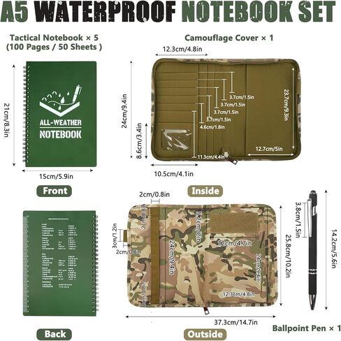 7Pcs Waterproof Tactical Notebooks Set with Zippered Notebook Cover, A5 Write in the Rain Notebook, 500 Pages All Weather Notepad with Pen and Padfolio Ring Binder for Military Outdoor in Saudi Arabia