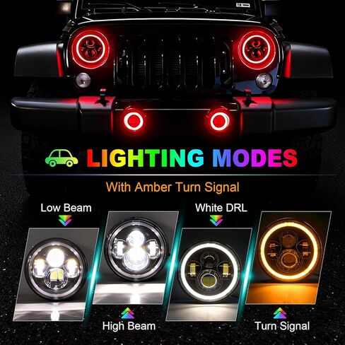 HILLSKING 7 Inch Led halo Headlights Round for Jeep Wrangler JK TJ LJ/Bluetooth APP & Remote Control, DOT-Approved,Turn Signal Light &High/Low Beam Projector,Plug and Play fits H6024 LED Headlight in Saudi Arabia
