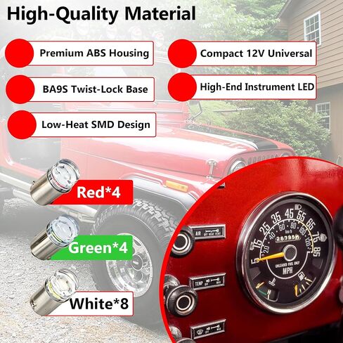 16-Pack Speedometer LED Bulb Replacement Kit for Jeep CJ5 CJ7 CJ8 | BA9S Mini Bayonet Base | 8 White 4 Green 4 Red Bulbs | Improves Dashboard Visibility in Saudi Arabia