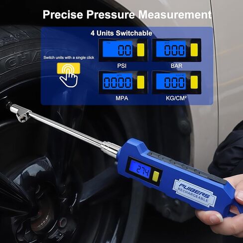 Rechargeable Digital Tire Pressure Gauge, Heavy-Duty Dual-Head Tire Gauge, USB-C Fast Charging, Backlit Display, LED Light, 4 Unit Switching, for Trucks, Motorhomes, Cars, and Motorcycles in Saudi Arabia