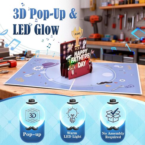 Leopong Father's Day Pop Up Card, Musical & LED Lighted 3D Toolbox,Unique Greeting Gift for Dad/Husband in Saudi Arabia