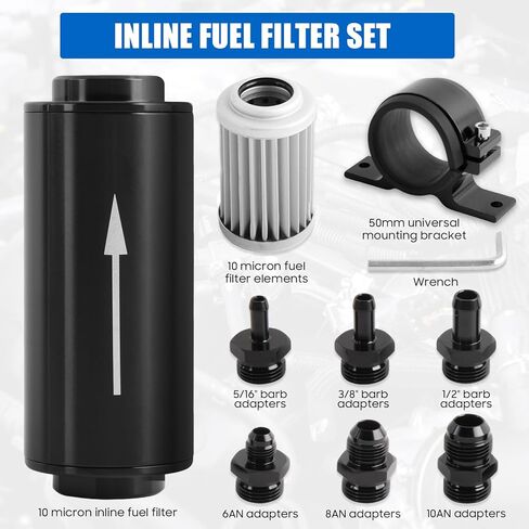 10 Micron Inline Fuel Filter Include 1/2" 3/8" 5/16" Barb Adapter 6Pcs, 6AN 8AN 10AN Adapter 6Pcs, 50MM Universal Bracket Clamp, 10 Micron Filter Replacement Kit in Kuwait
