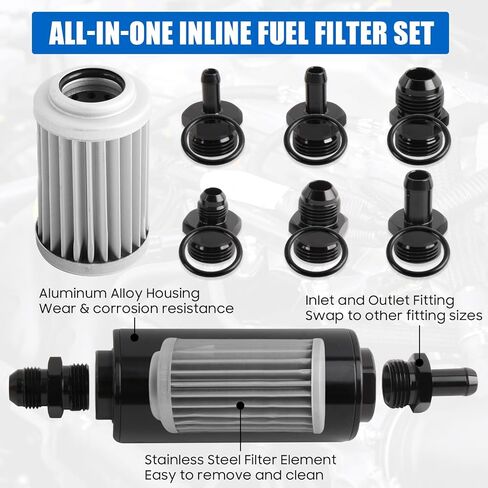 10 Micron Inline Fuel Filter Include 1/2" 3/8" 5/16" Barb Adapter 6Pcs, 6AN 8AN 10AN Adapter 6Pcs, 50MM Universal Bracket Clamp, 10 Micron Filter Replacement Kit in Kuwait