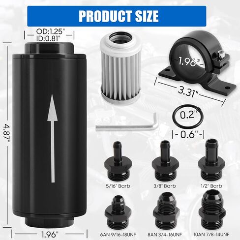 10 Micron Inline Fuel Filter Include 1/2" 3/8" 5/16" Barb Adapter 6Pcs, 6AN 8AN 10AN Adapter 6Pcs, 50MM Universal Bracket Clamp, 10 Micron Filter Replacement Kit in Kuwait