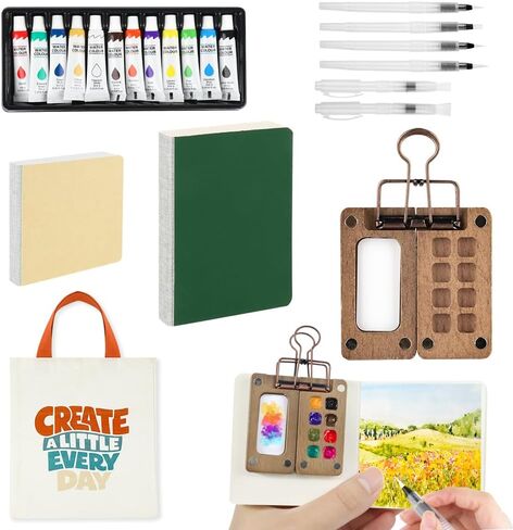 22-Piece Mini Watercolor Travel Set with Walnut Palette, 12 Paints, 6 Water Brushes & 2 Sketchbooks - Portable Pocket Painting Kit for Artists, Beginners & Outdoor Sketching in Saudi Arabia