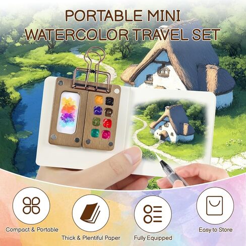 22-Piece Mini Watercolor Travel Set with Walnut Palette, 12 Paints, 6 Water Brushes & 2 Sketchbooks - Portable Pocket Painting Kit for Artists, Beginners & Outdoor Sketching in Saudi Arabia