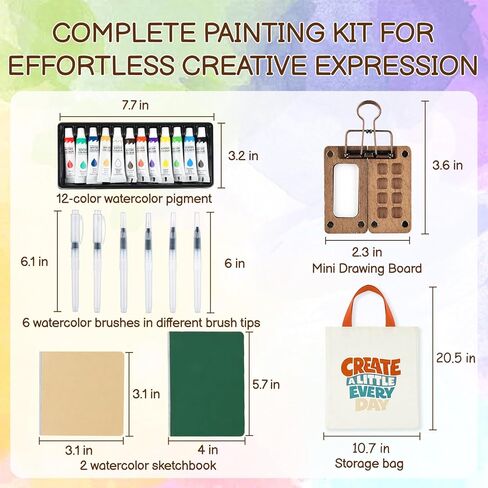 22-Piece Mini Watercolor Travel Set with Walnut Palette, 12 Paints, 6 Water Brushes & 2 Sketchbooks - Portable Pocket Painting Kit for Artists, Beginners & Outdoor Sketching in Saudi Arabia