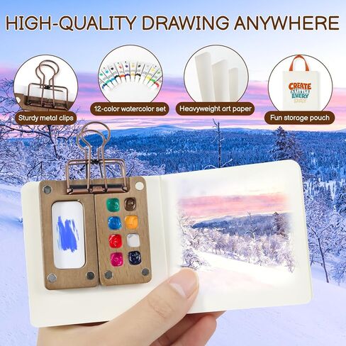 22-Piece Mini Watercolor Travel Set with Walnut Palette, 12 Paints, 6 Water Brushes & 2 Sketchbooks - Portable Pocket Painting Kit for Artists, Beginners & Outdoor Sketching in Saudi Arabia