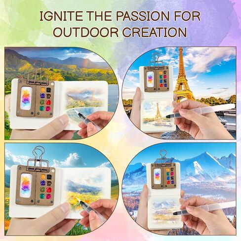 22-Piece Mini Watercolor Travel Set with Walnut Palette, 12 Paints, 6 Water Brushes & 2 Sketchbooks - Portable Pocket Painting Kit for Artists, Beginners & Outdoor Sketching in Saudi Arabia