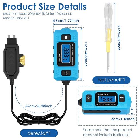 Automotive Circuit Fault Probe Tester, 20A 48V Current Tester with Test Pen, Led Display & Front Lighting, 0.01A~19.99A High-Precision Car Relay Fuse Blade Checker for Various Vehicles in Saudi Arabia