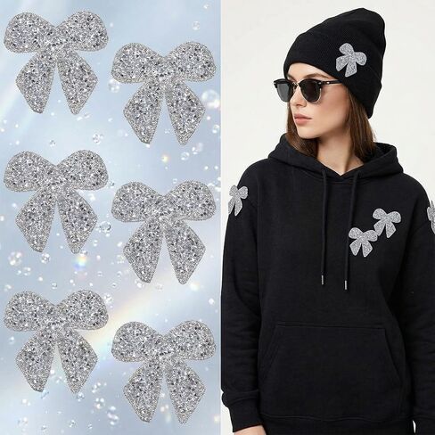 12Pcs Rhinestone Bow Patches, Sparkling Iron-On & Sew-On Crystal Bowknot Appliques, Self-Adhesive Repair Bow Clothing Patches for Jackets, Bags, Hats, Jeans & Shoes, DIY Decorative Crafts(Silver) in Saudi Arabia
