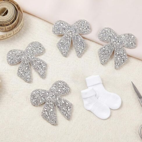 12Pcs Rhinestone Bow Patches, Sparkling Iron-On & Sew-On Crystal Bowknot Appliques, Self-Adhesive Repair Bow Clothing Patches for Jackets, Bags, Hats, Jeans & Shoes, DIY Decorative Crafts(Silver) in Saudi Arabia