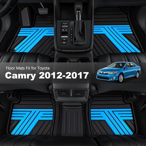سجادات أرضية مناسبة لجميع الأحوال الجوية لسيارة Toyota Camry 2012-2017 مقاومة للماء ومضادة للانزلاق، الصف الأول والثاني باللونين الأسود والأزرق in Kuwait