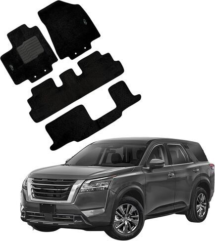 ecoMats Carpet Floor Mats for 2022 to 2026 Nissan Pathfinder 8 Seats, Non Slip Driver Heel Pad, Safety Locks, 1st, 2nd and 3rd Row Set, Black Carpet in Saudi Arabia
