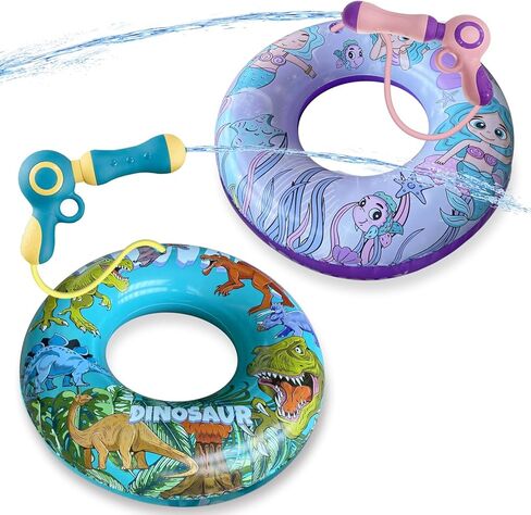 2 Pack Kids Pool Float with Water Gun, Inflatable Swim Ring Pool Toys for Kids Ages 3-12, Dinosaur & Mermaid Squirt Gun Floaties for Pool Party, Beach, Backyard Water Fight Summer Toy in Saudi Arabia