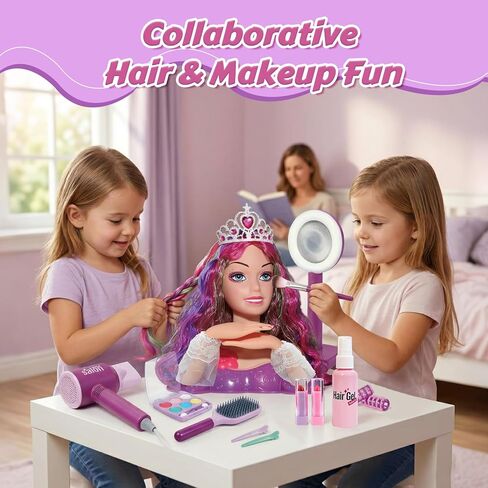 Princess Hair Styling Doll Head Makeup Kit for Girls- Pink, Purple Highlighted Wavy Hair Salon Set with 20+ Accessories - Makeup & Braiding Playset - Creative Gift for Girls Ages 3 4 5 6 7 8+ in Kuwait