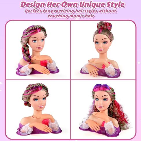 Princess Hair Styling Doll Head Makeup Kit for Girls- Pink, Purple Highlighted Wavy Hair Salon Set with 20+ Accessories - Makeup & Braiding Playset - Creative Gift for Girls Ages 3 4 5 6 7 8+ in Kuwait
