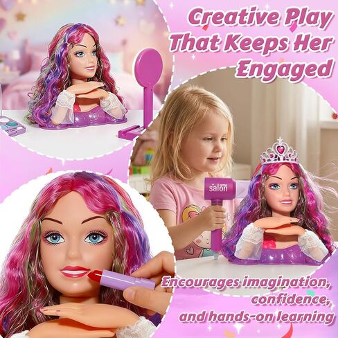 Princess Hair Styling Doll Head Makeup Kit for Girls- Pink, Purple Highlighted Wavy Hair Salon Set with 20+ Accessories - Makeup & Braiding Playset - Creative Gift for Girls Ages 3 4 5 6 7 8+ in Kuwait