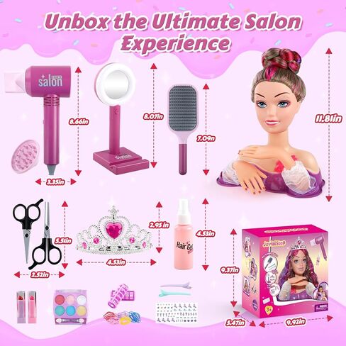 Princess Hair Styling Doll Head Makeup Kit for Girls- Pink, Purple Highlighted Wavy Hair Salon Set with 20+ Accessories - Makeup & Braiding Playset - Creative Gift for Girls Ages 3 4 5 6 7 8+ in Kuwait