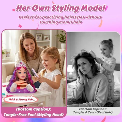 Princess Hair Styling Doll Head Makeup Kit for Girls- Pink, Purple Highlighted Wavy Hair Salon Set with 20+ Accessories - Makeup & Braiding Playset - Creative Gift for Girls Ages 3 4 5 6 7 8+ in Kuwait