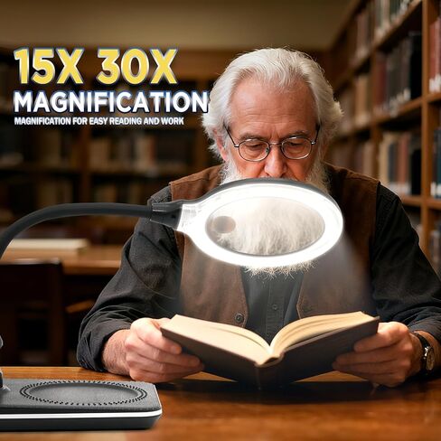 15X 30X Rechargeable Magnifying Glass with Light and Stand, 3600mAh 5 Inch LED Magnifier, 6 Color Modes, Flexible Gooseneck Desk Lamp for Jewelry, Reading, Hobbies & Close Work in Saudi Arabia