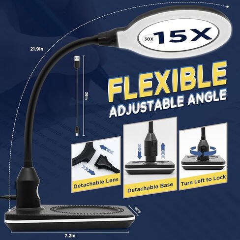 15X 30X Rechargeable Magnifying Glass with Light and Stand, 3600mAh 5 Inch LED Magnifier, 6 Color Modes, Flexible Gooseneck Desk Lamp for Jewelry, Reading, Hobbies & Close Work in Saudi Arabia