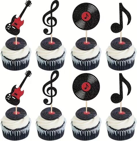 24 Pcs Music Notes Cupcake Toppers Glitter Guitar Rock Cupcake Picks Vinyl Record Cake Decorations for Retro Rock and Roll Music Theme Baby Shower Kids Birthday Party in Kuwait