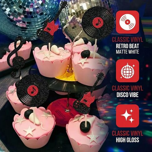24 Pcs Music Notes Cupcake Toppers Glitter Guitar Rock Cupcake Picks Vinyl Record Cake Decorations for Retro Rock and Roll Music Theme Baby Shower Kids Birthday Party in Kuwait