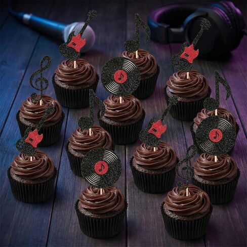 24 Pcs Music Notes Cupcake Toppers Glitter Guitar Rock Cupcake Picks Vinyl Record Cake Decorations for Retro Rock and Roll Music Theme Baby Shower Kids Birthday Party in Kuwait