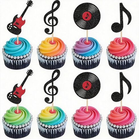 24 Pcs Music Notes Cupcake Toppers Glitter Guitar Rock Cupcake Picks Vinyl Record Cake Decorations for Retro Rock and Roll Music Theme Baby Shower Kids Birthday Party in Kuwait